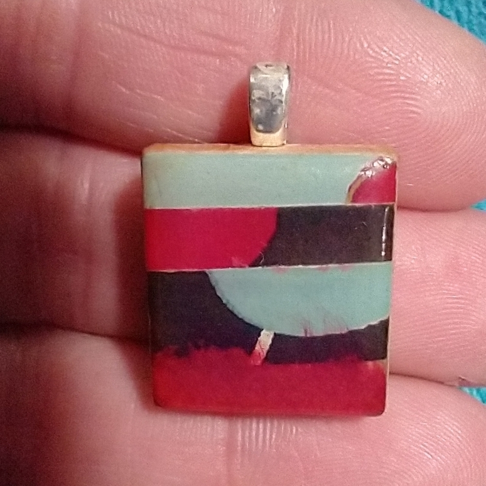 Abstract Multicolor Wooden Pendant Necklace vintage art